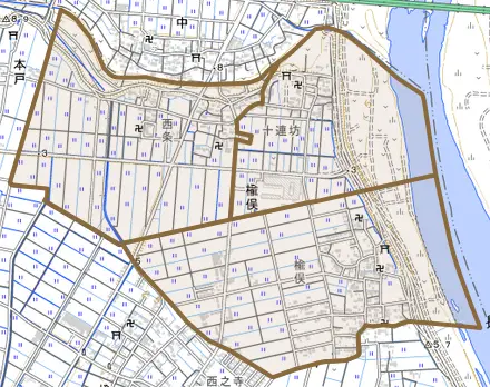 楡俣とその周辺の地図。町の範囲を重ねている