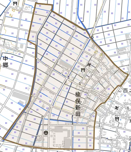 楡俣新田とその周辺の地図。町の範囲を重ねている