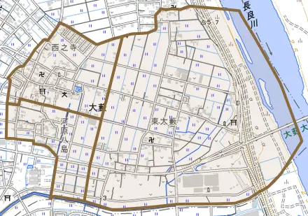 大藪とその周辺の地図。町の範囲を重ねている