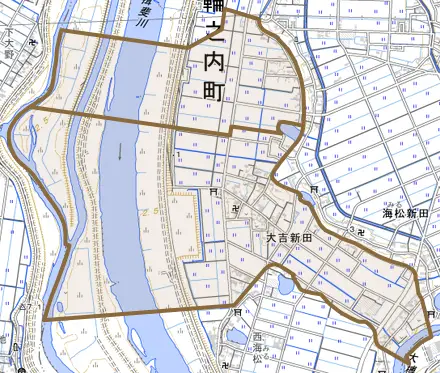 大吉新田とその周辺の地図。町の範囲を重ねている