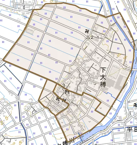 下大榑とその周辺の地図。町の範囲を重ねている