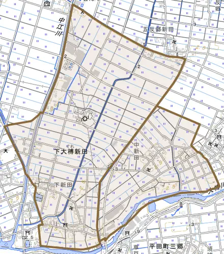 下大榑新田とその周辺の地図。町の範囲を重ねている