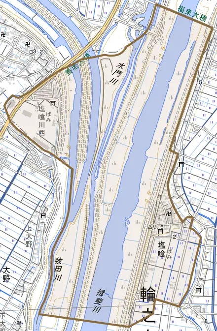 塩喰とその周辺の地図。町の範囲を重ねている