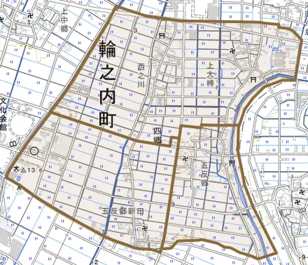 四郷とその周辺の地図。町の範囲を重ねている