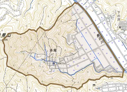 赤尾とその周辺の地図。町の範囲を重ねている