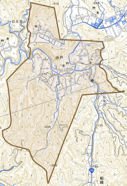 出戸とその周辺の地図。町の範囲を重ねている