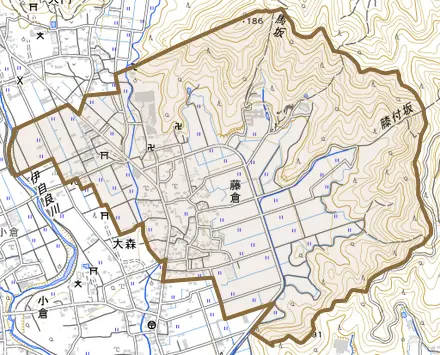 藤倉とその周辺の地図。町の範囲を重ねている