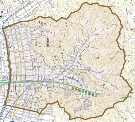 東深瀬とその周辺の地図。町の範囲を重ねている