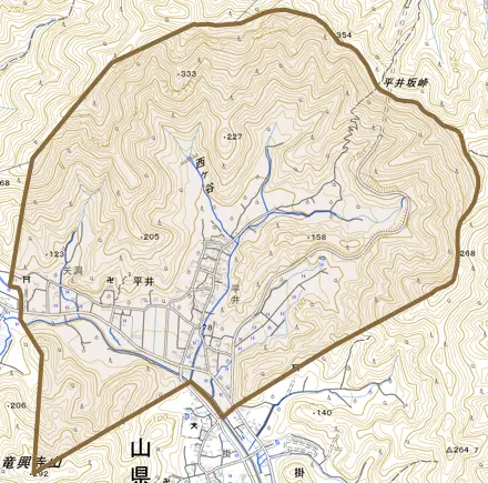 平井とその周辺の地図。町の範囲を重ねている