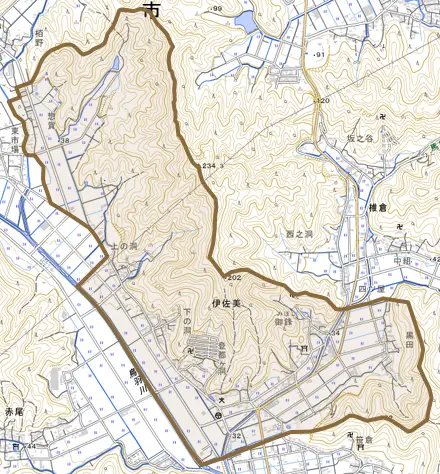 伊佐美とその周辺の地図。町の範囲を重ねている