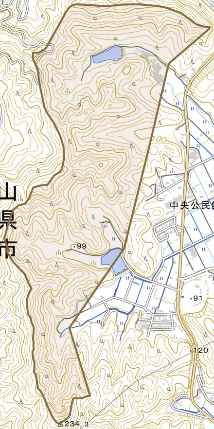 岩佐とその周辺の地図。町の範囲を重ねている