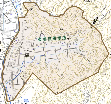 上願とその周辺の地図。町の範囲を重ねている