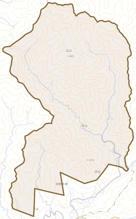 柿野とその周辺の地図。町の範囲を重ねている
