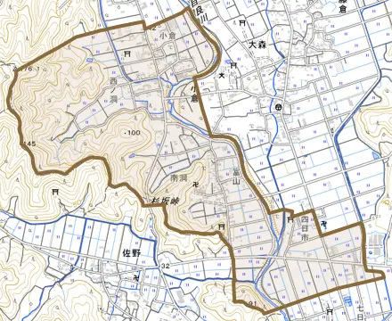 小倉とその周辺の地図。町の範囲を重ねている
