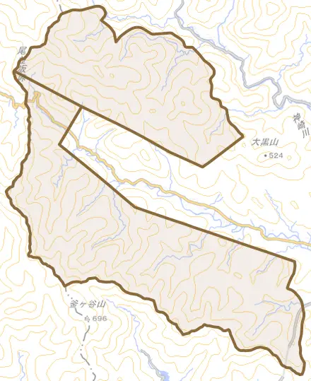 葛原とその周辺の地図。町の範囲を重ねている