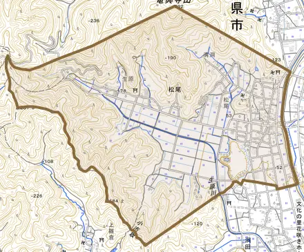 松尾とその周辺の地図。町の範囲を重ねている