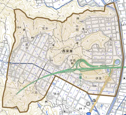 西深瀬とその周辺の地図。町の範囲を重ねている
