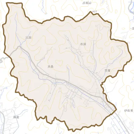 大桑とその周辺の地図。町の範囲を重ねている