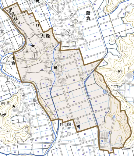 大森とその周辺の地図。町の範囲を重ねている