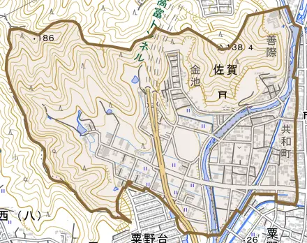 佐賀とその周辺の地図。町の範囲を重ねている