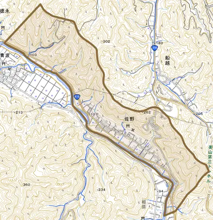 佐野とその周辺の地図。町の範囲を重ねている
