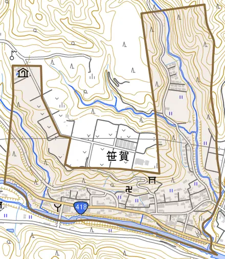 笹賀とその周辺の地図。町の範囲を重ねている