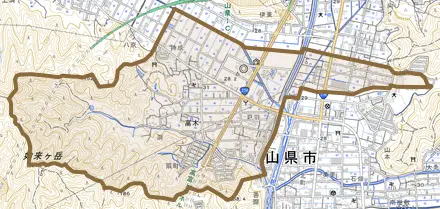 高木とその周辺の地図。町の範囲を重ねている
