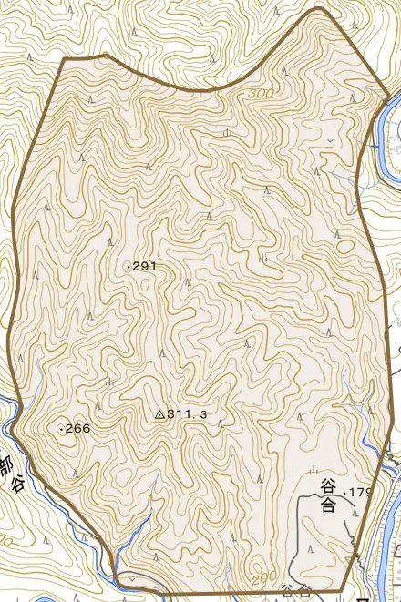 谷合とその周辺の地図。町の範囲を重ねている
