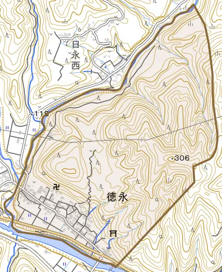 徳永とその周辺の地図。町の範囲を重ねている