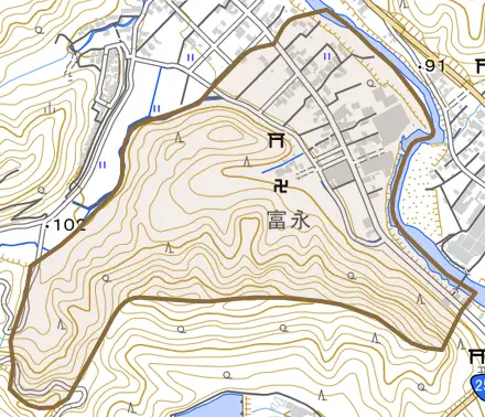 富永とその周辺の地図。町の範囲を重ねている