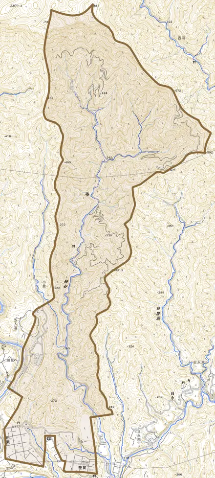椿とその周辺の地図。町の範囲を重ねている