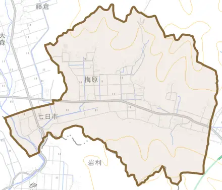 梅原とその周辺の地図。町の範囲を重ねている