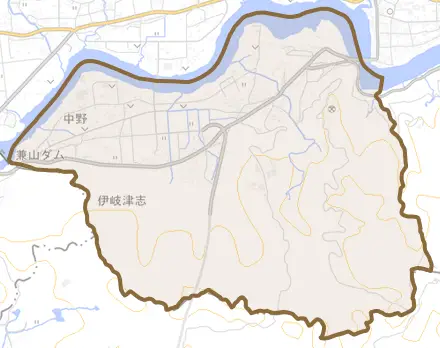 伊岐津志とその周辺の地図。町の範囲を重ねている
