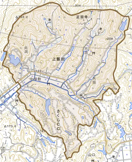上飯田とその周辺の地図。町の範囲を重ねている