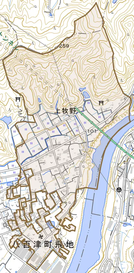 上牧野とその周辺の地図。町の範囲を重ねている