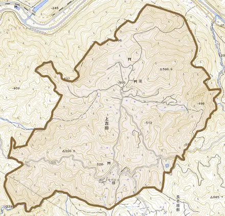 上吉田とその周辺の地図。町の範囲を重ねている