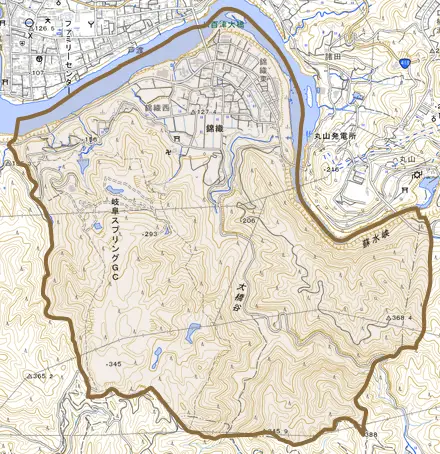 錦織とその周辺の地図。町の範囲を重ねている