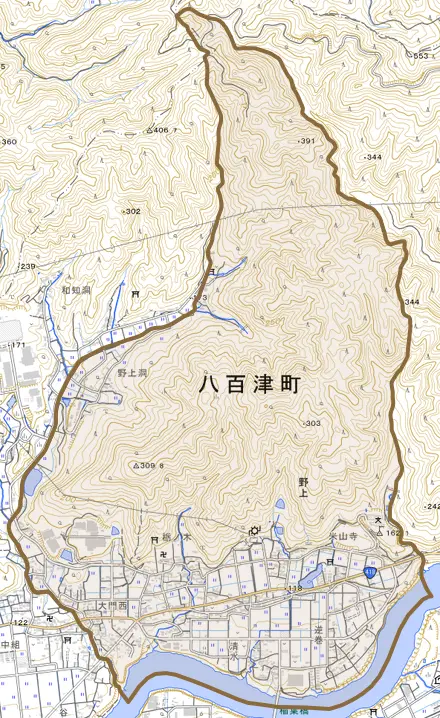 野上とその周辺の地図。町の範囲を重ねている