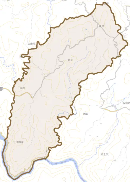 潮見とその周辺の地図。町の範囲を重ねている