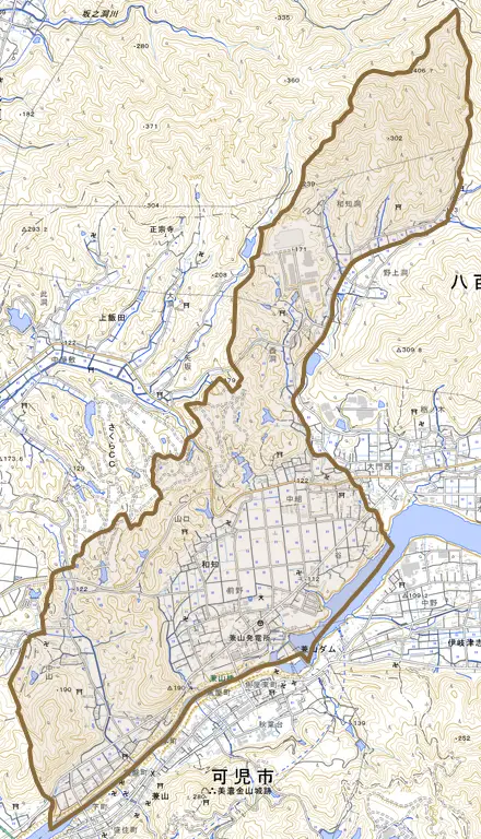 和知とその周辺の地図。町の範囲を重ねている