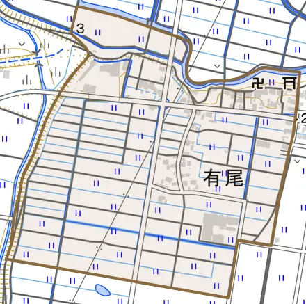 有尾とその周辺の地図。町の範囲を重ねている