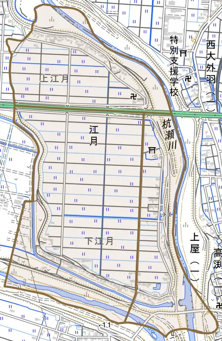 江月とその周辺の地図。町の範囲を重ねている