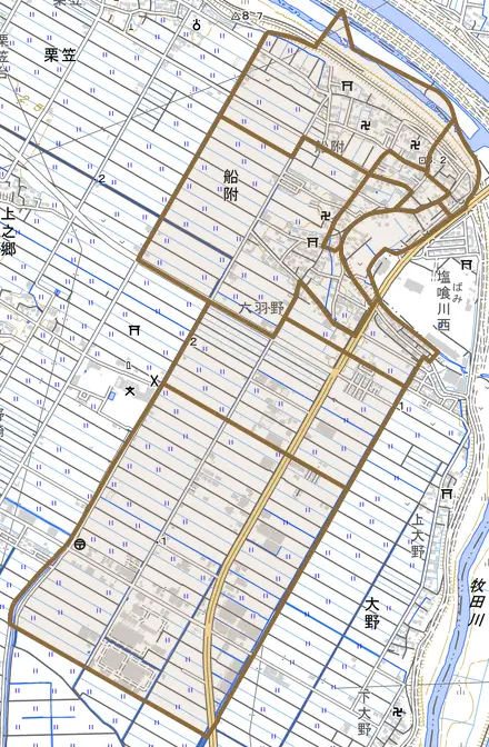 船附とその周辺の地図。町の範囲を重ねている