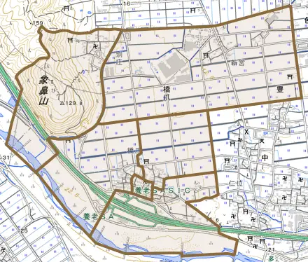 橋爪とその周辺の地図。町の範囲を重ねている