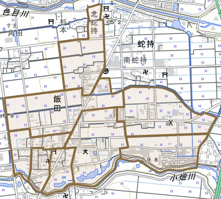 飯田とその周辺の地図。町の範囲を重ねている