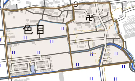 色目とその周辺の地図。町の範囲を重ねている