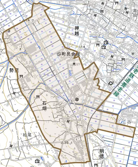 石畑とその周辺の地図。町の範囲を重ねている