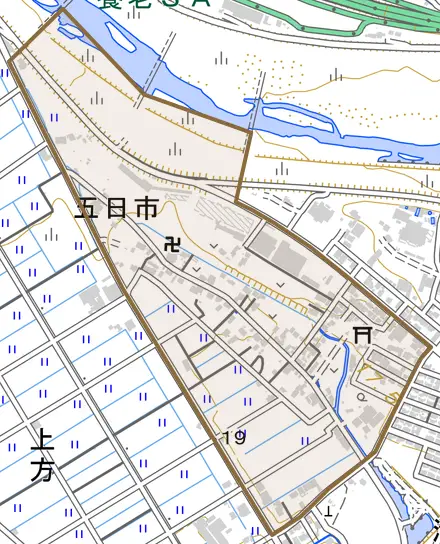 五日市とその周辺の地図。町の範囲を重ねている