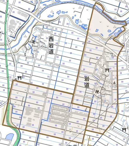 岩道とその周辺の地図。町の範囲を重ねている