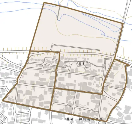 泉町とその周辺の地図。町の範囲を重ねている